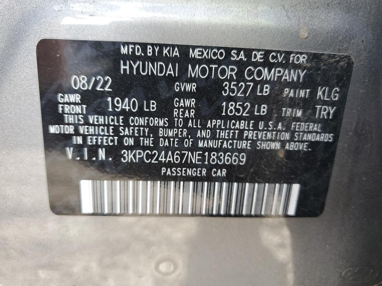 2022 HYUNDAI ACCENT SE VIN:3KPC24A67NE183669