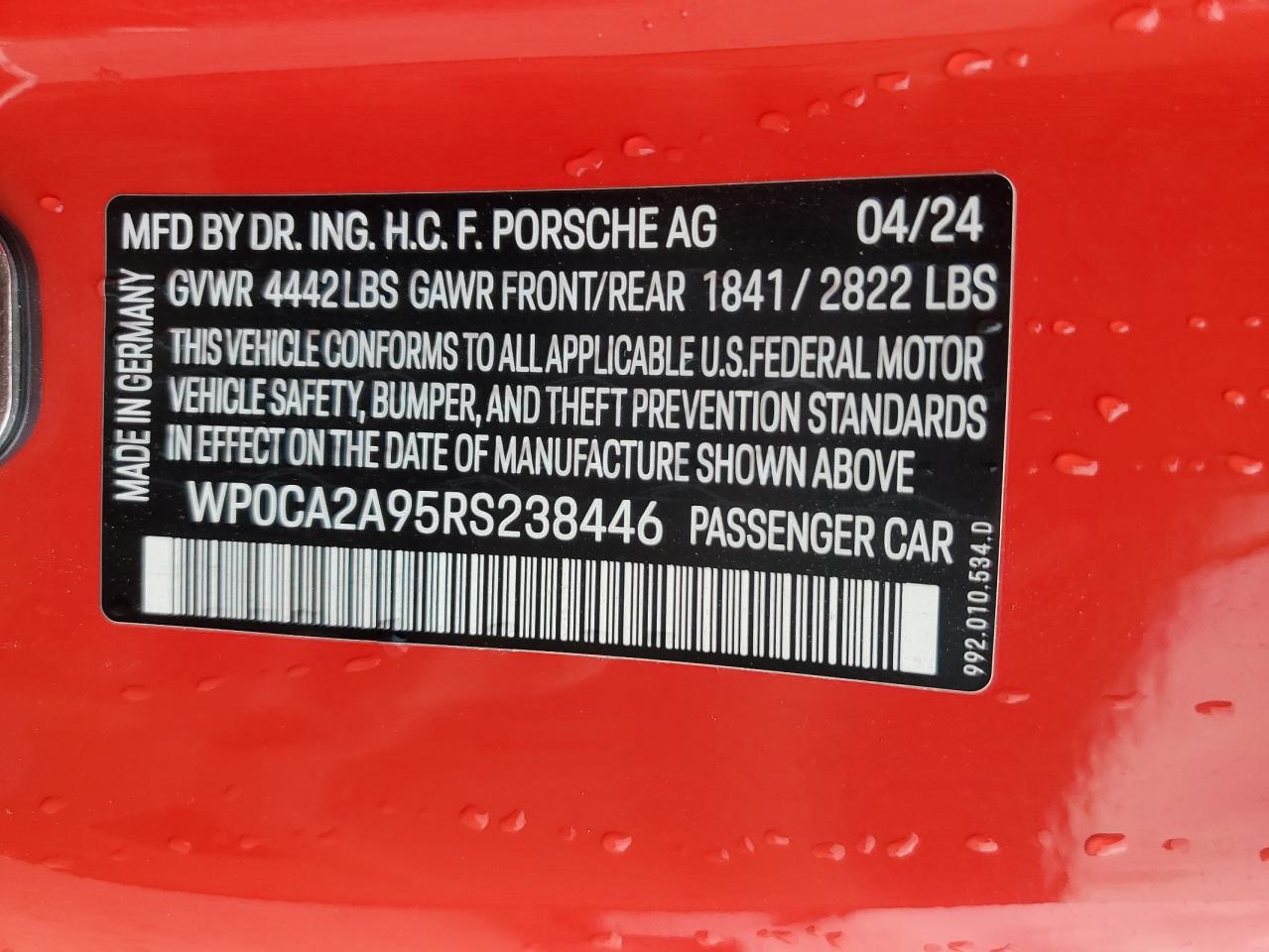 2024 PORSCHE 911 CARRERA VIN:WP0CA2A95RS238446