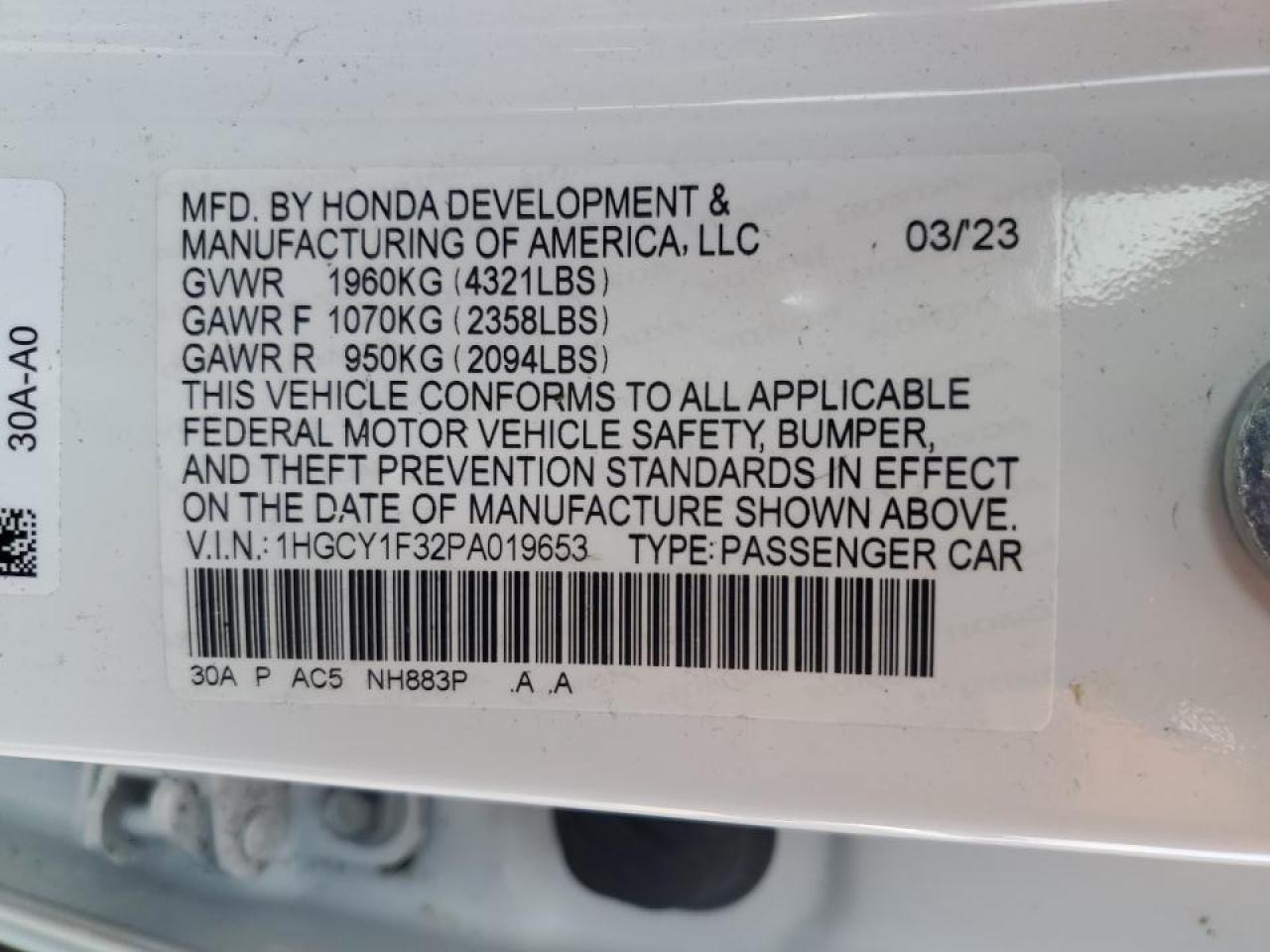 2023 HONDA ACCORD EX VIN:1HGCY1F32PA019653