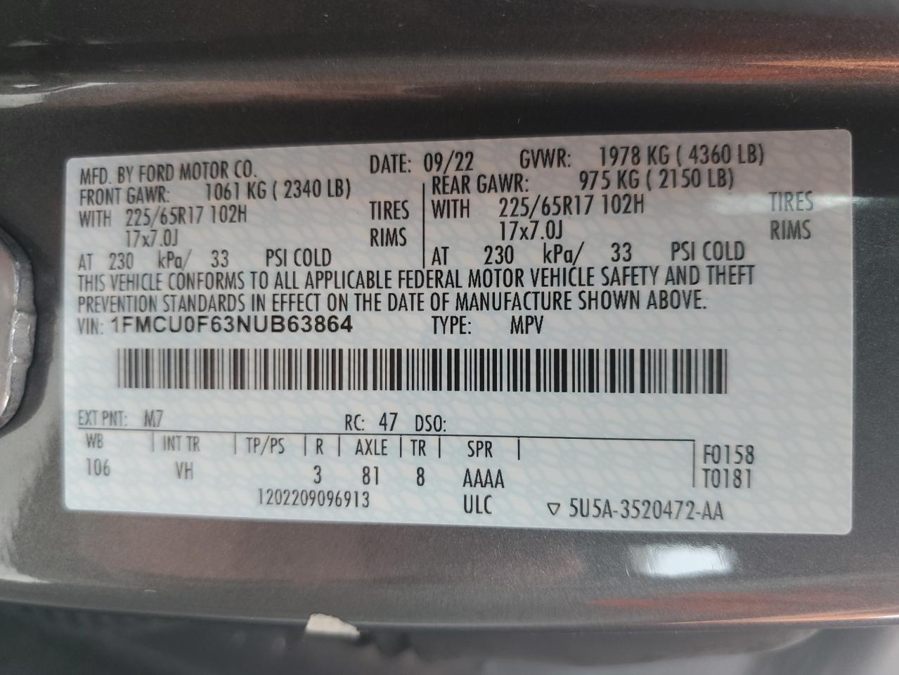 2022 FORD ESCAPE S VIN:1FMCU0F63NUB63864