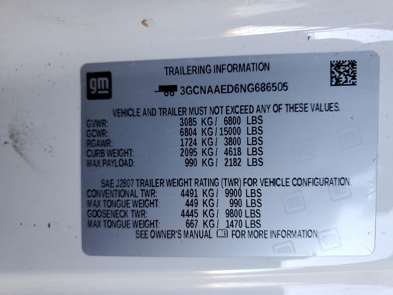 2022 CHEVROLET SILVERADO C1500 VIN:3GCNAAED6NG686505