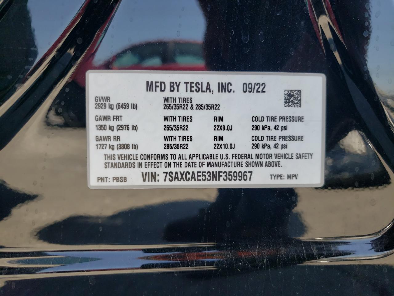 2022 TESLA MODEL X  VIN:7SAXCAE53NF359967