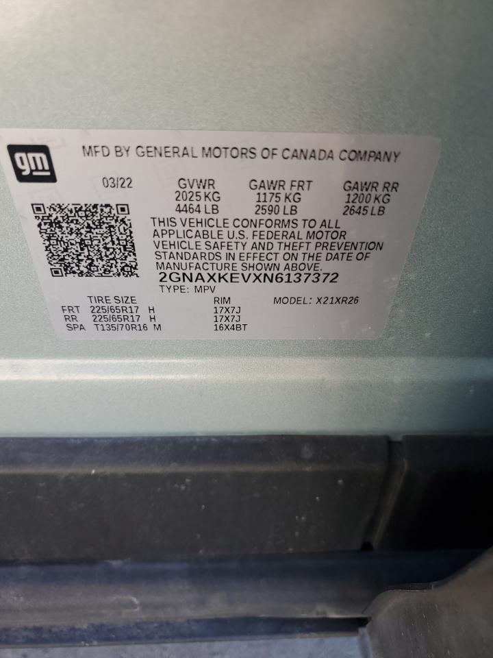 2022 CHEVROLET EQUINOX LT VIN:2GNAXKEVXN6137372