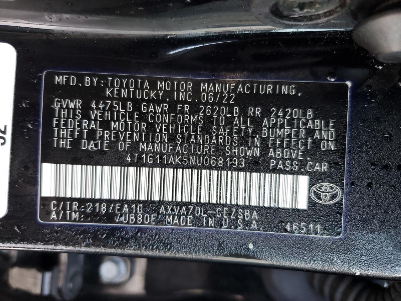 2022 TOYOTA CAMRY SE VIN:4T1G11AK5NU068193