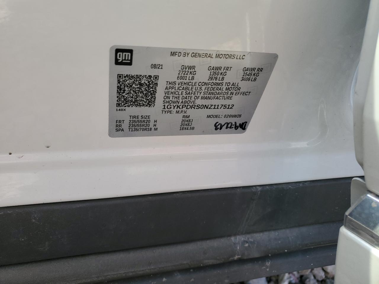 2022 CADILLAC XT6 PREMIUM LUXURY VIN:1GYKPDRS0NZ117512