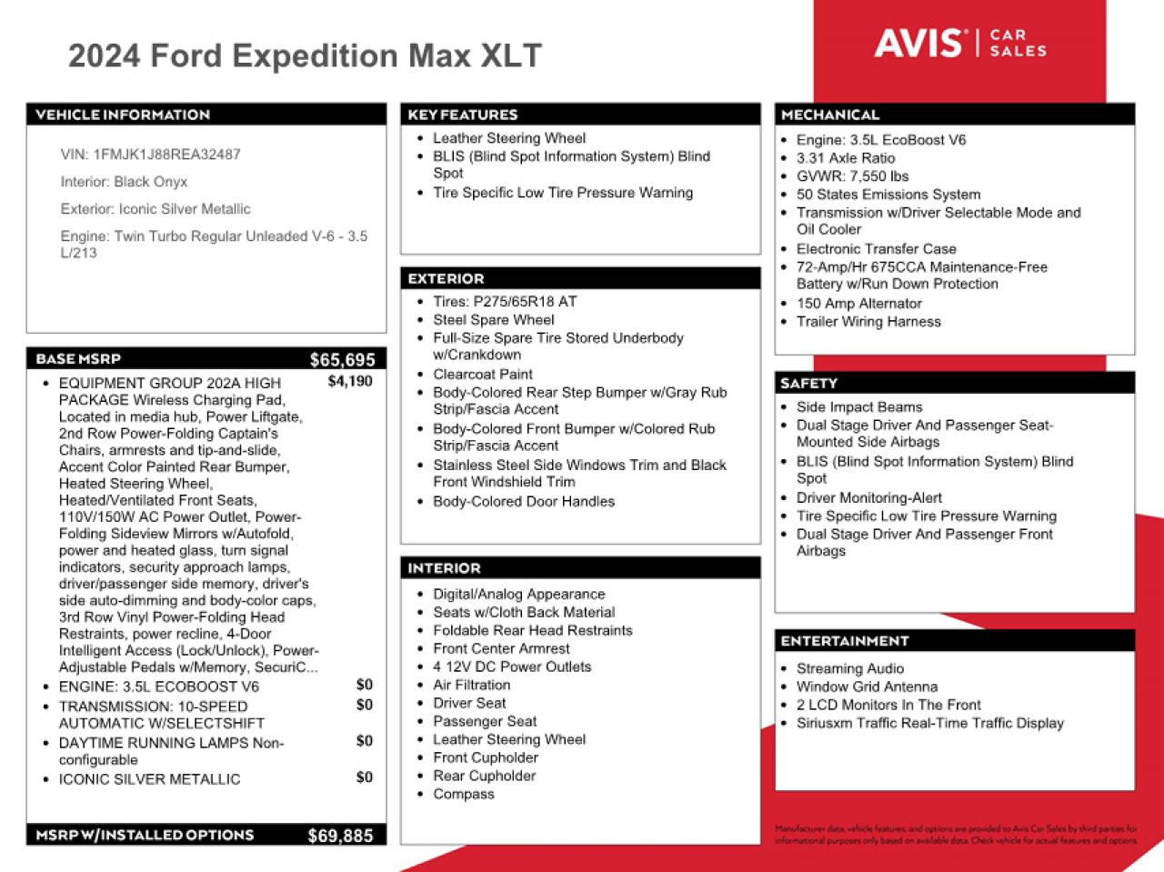 2024 FORD EXPEDITION MAX XLT VIN:1FMJK1J88REA32487