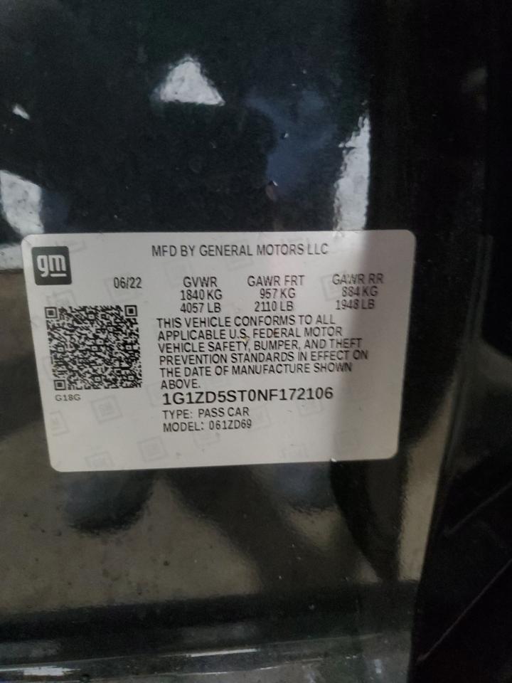 2022 CHEVROLET MALIBU LT VIN:1G1ZD5ST0NF172106