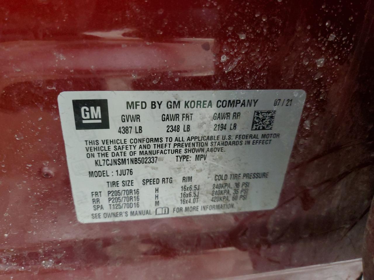 2022 CHEVROLET TRAX LS VIN:KL7CJNSM1NB502337