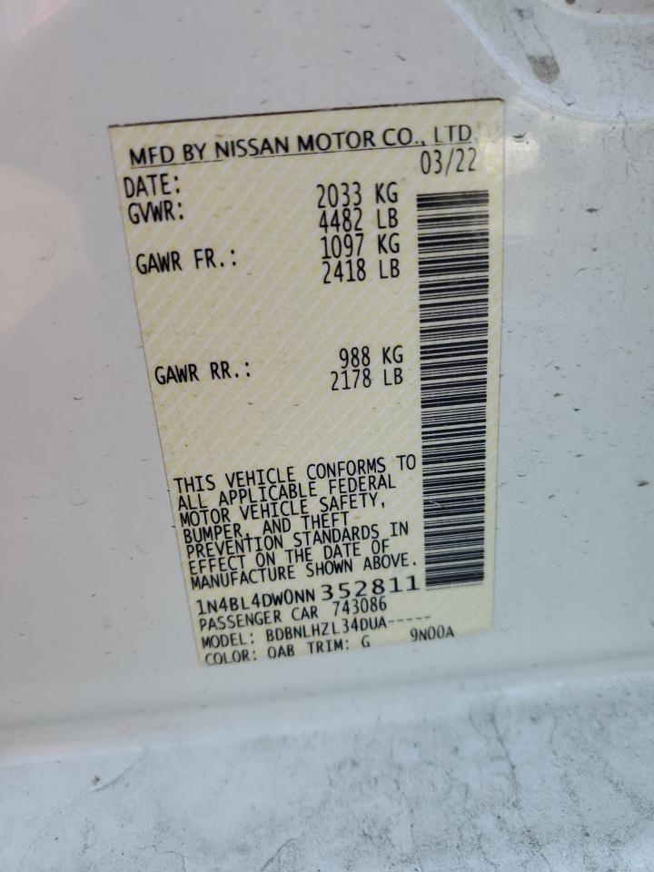 2022 NISSAN ALTIMA SV VIN:1N4BL4DW0NN352811