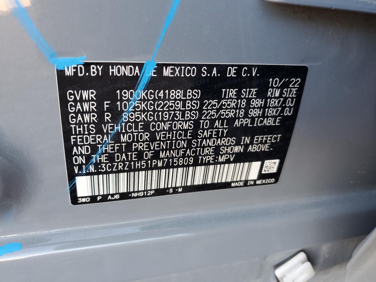 2023 HONDA HR-V SPORT VIN:3CZRZ1H51PM715809