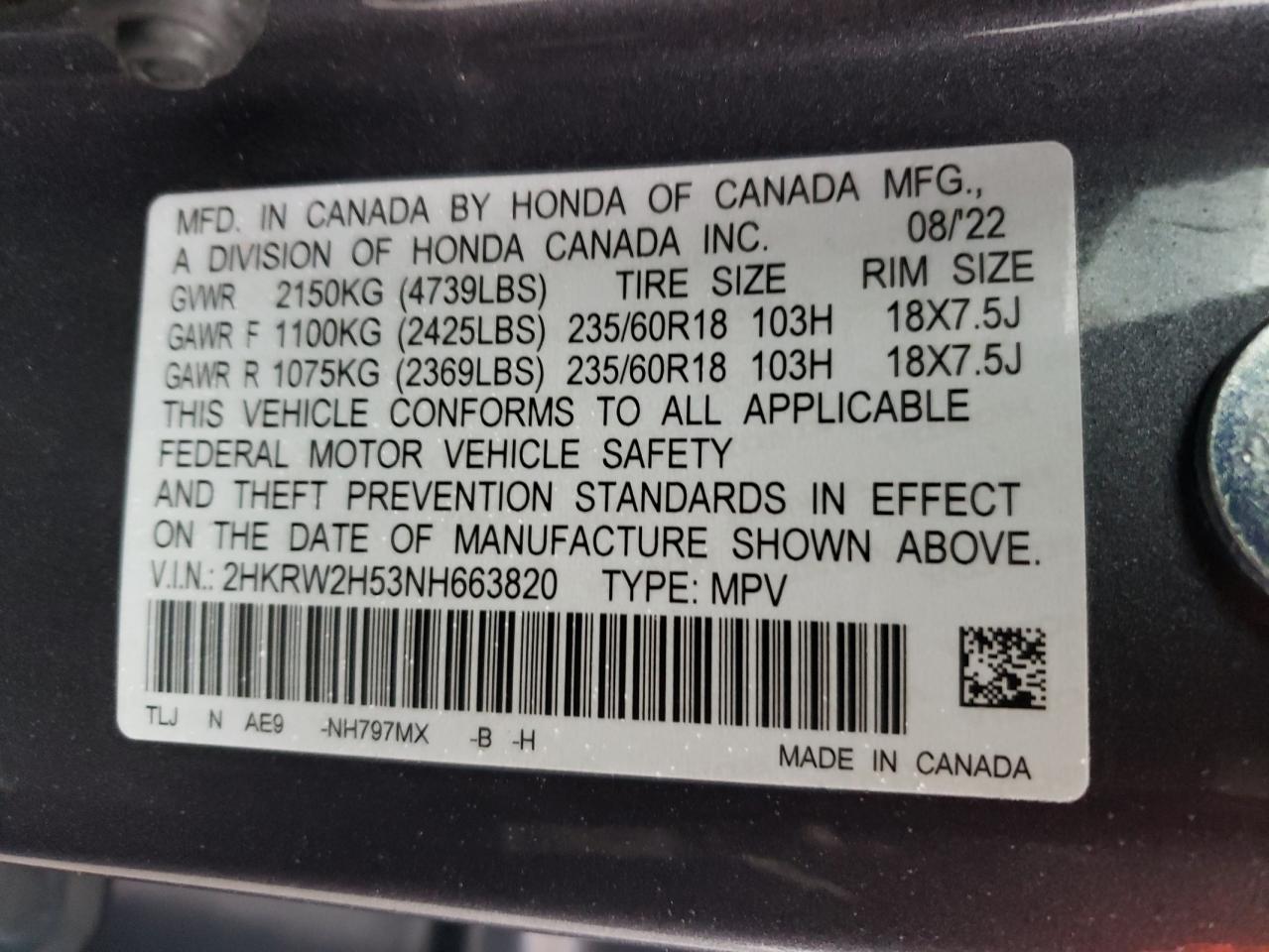 2022 HONDA CR-V EX VIN:2HKRW2H53NH663820