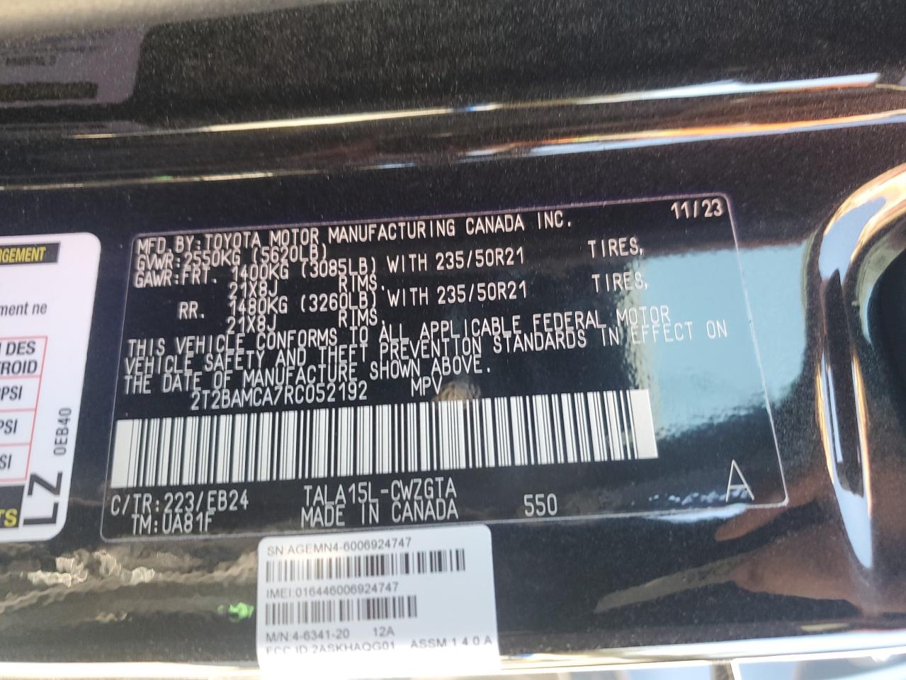 2024 LEXUS RX 350 BASE VIN:2T2BAMCA7RC052192