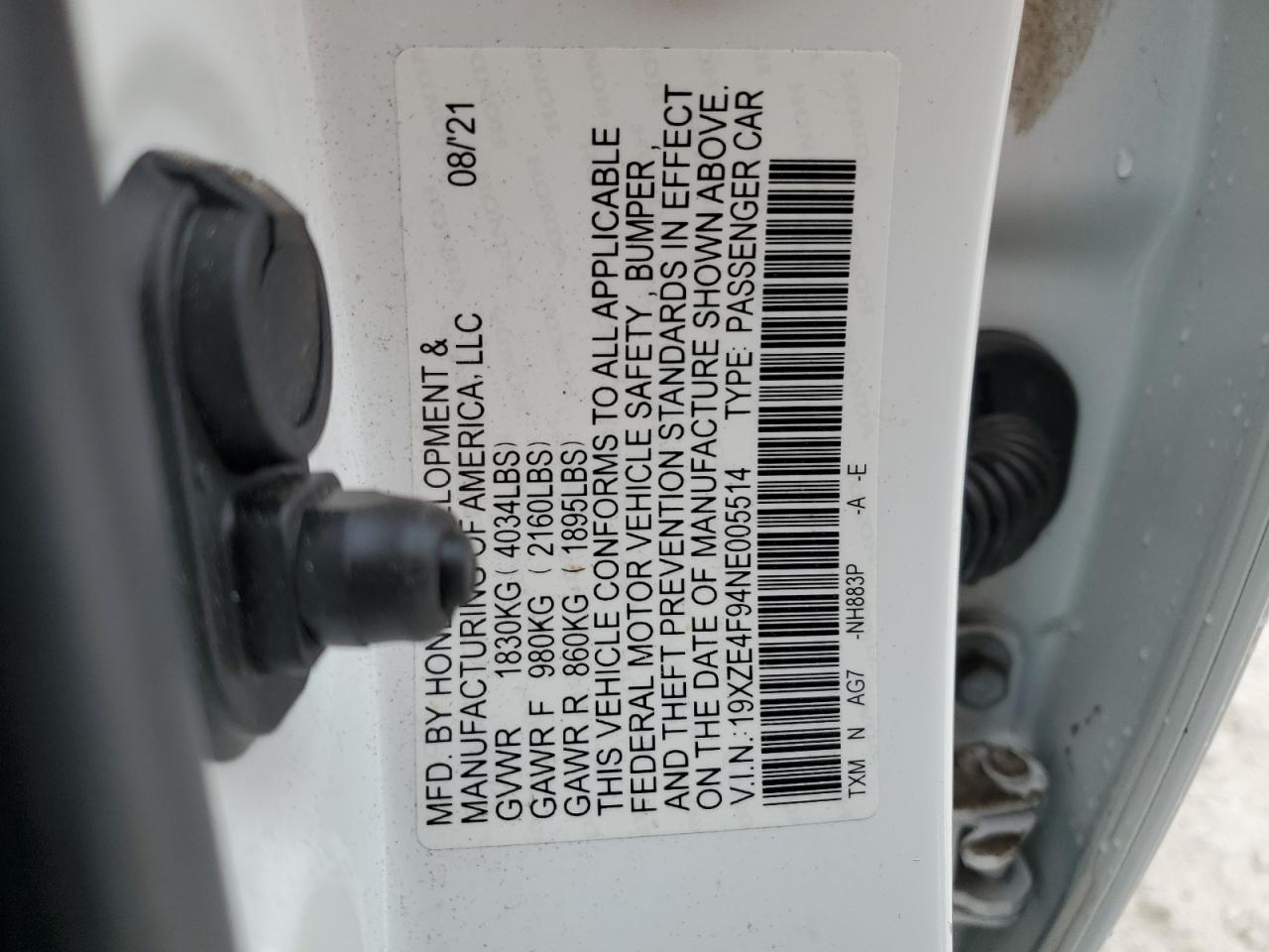 2022 HONDA INSIGHT TOURING VIN:19XZE4F94NE005514