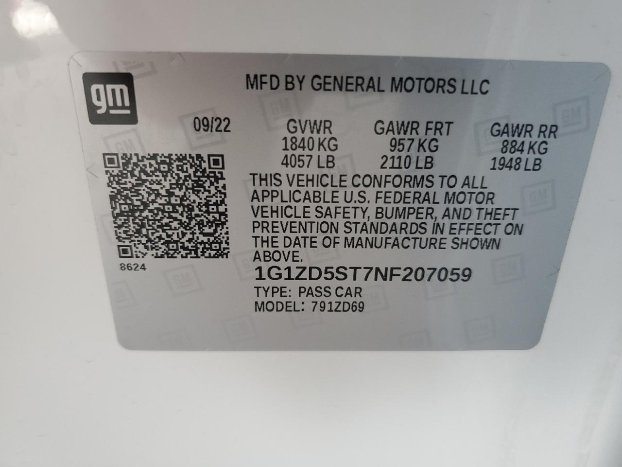 2022 CHEVROLET MALIBU LT VIN:1G1ZD5ST7NF207059