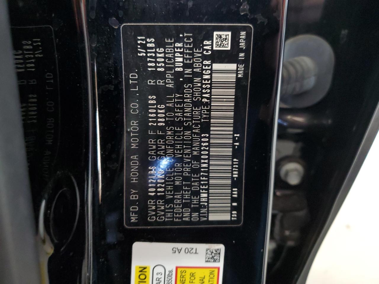 2022 HONDA CIVIC EX VIN:JHMFE1F71NX002603