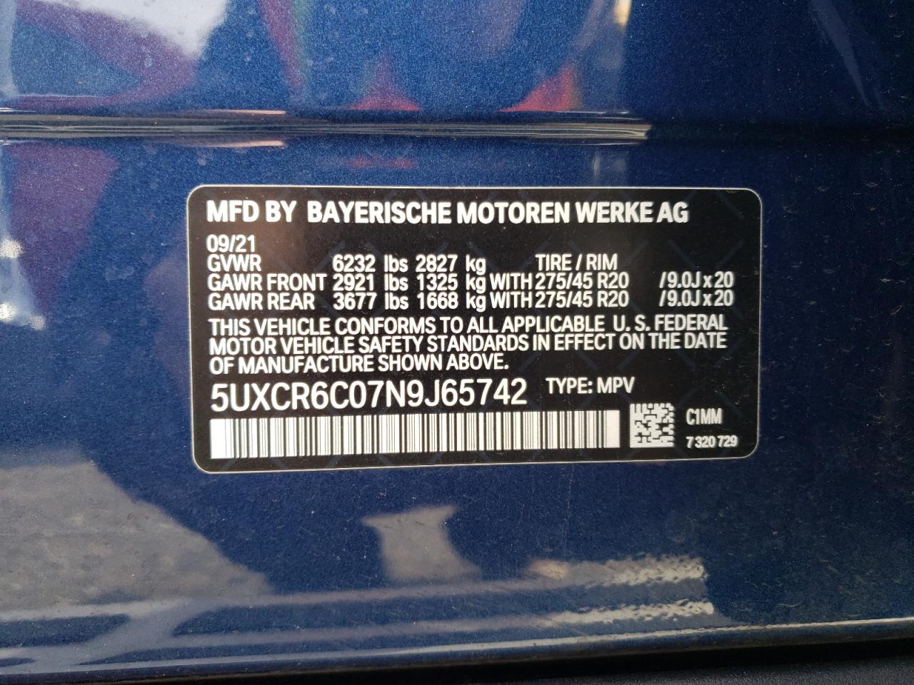 2022 BMW X5 XDRIVE40I VIN:5UXCR6C07N9J65742