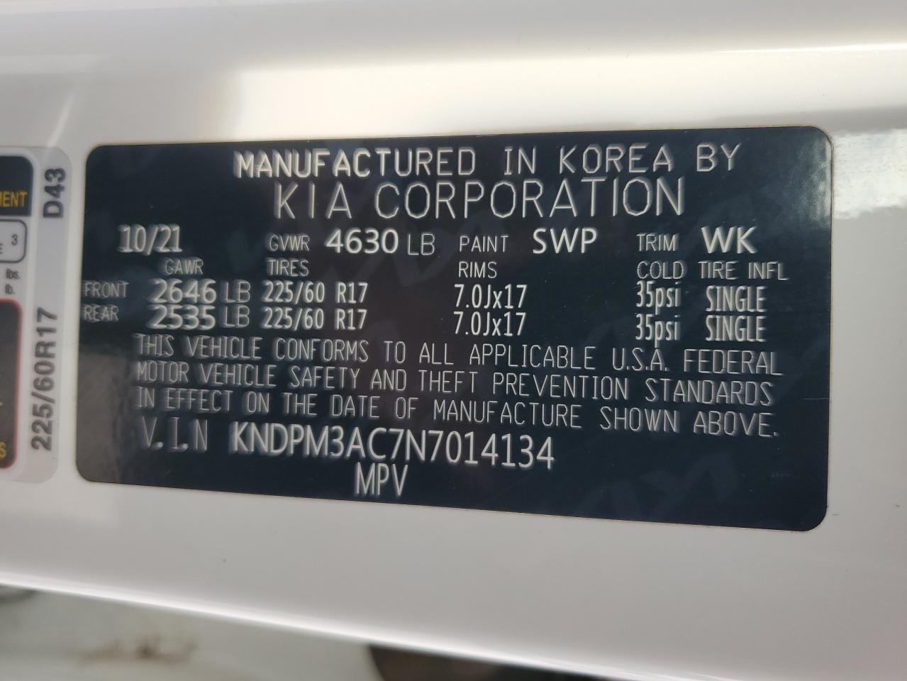 2022 KIA SPORTAGE LX VIN:KNDPM3AC7N7014134