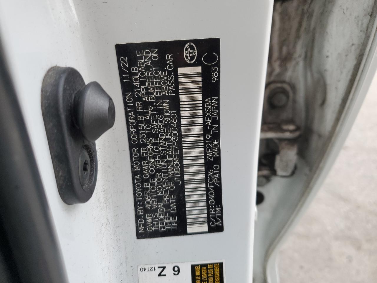 2023 TOYOTA COROLLA LE VIN:JTDBCMFE7P3004601