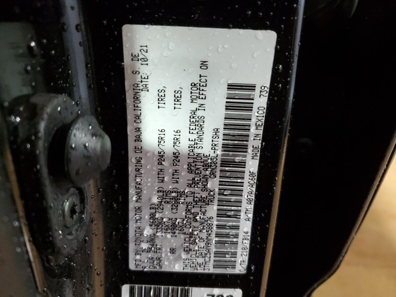 2022 TOYOTA TACOMA DOUBLE CAB VIN:3TMCZ5AN9NM458876