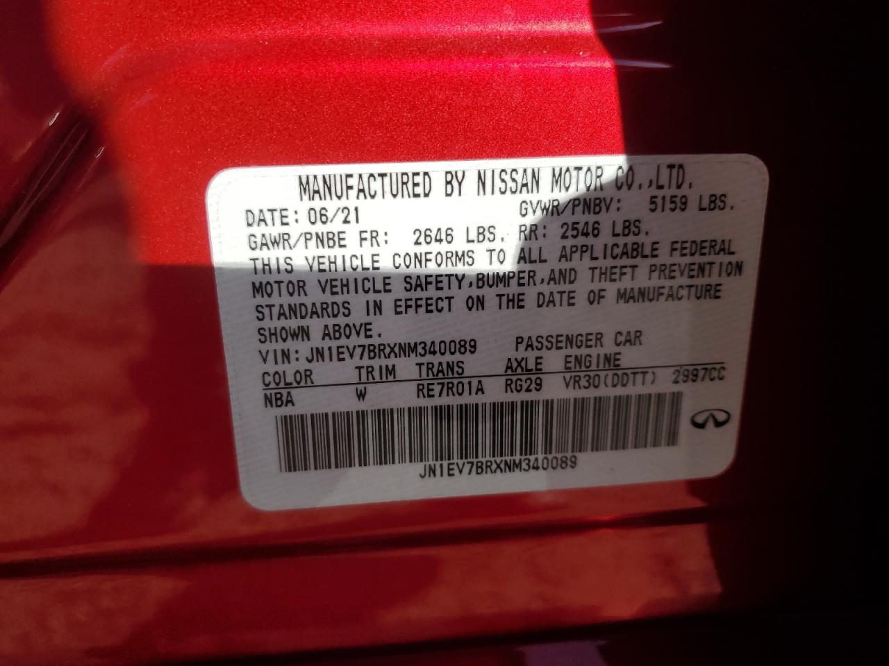 2022 INFINITI Q50 LUXE VIN:JN1EV7BRXNM340089