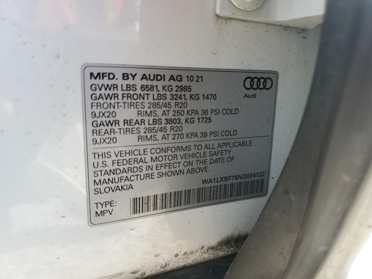 2022 AUDI Q7 PREMIUM PLUS VIN:WA1LXBF76ND004122