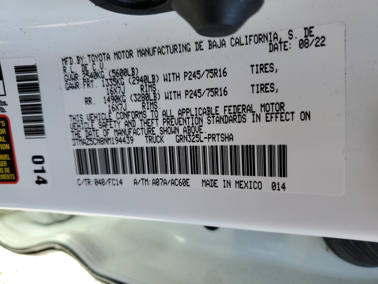 2022 TOYOTA TACOMA DOUBLE CAB VIN:3TMAZ5CN8NM194439