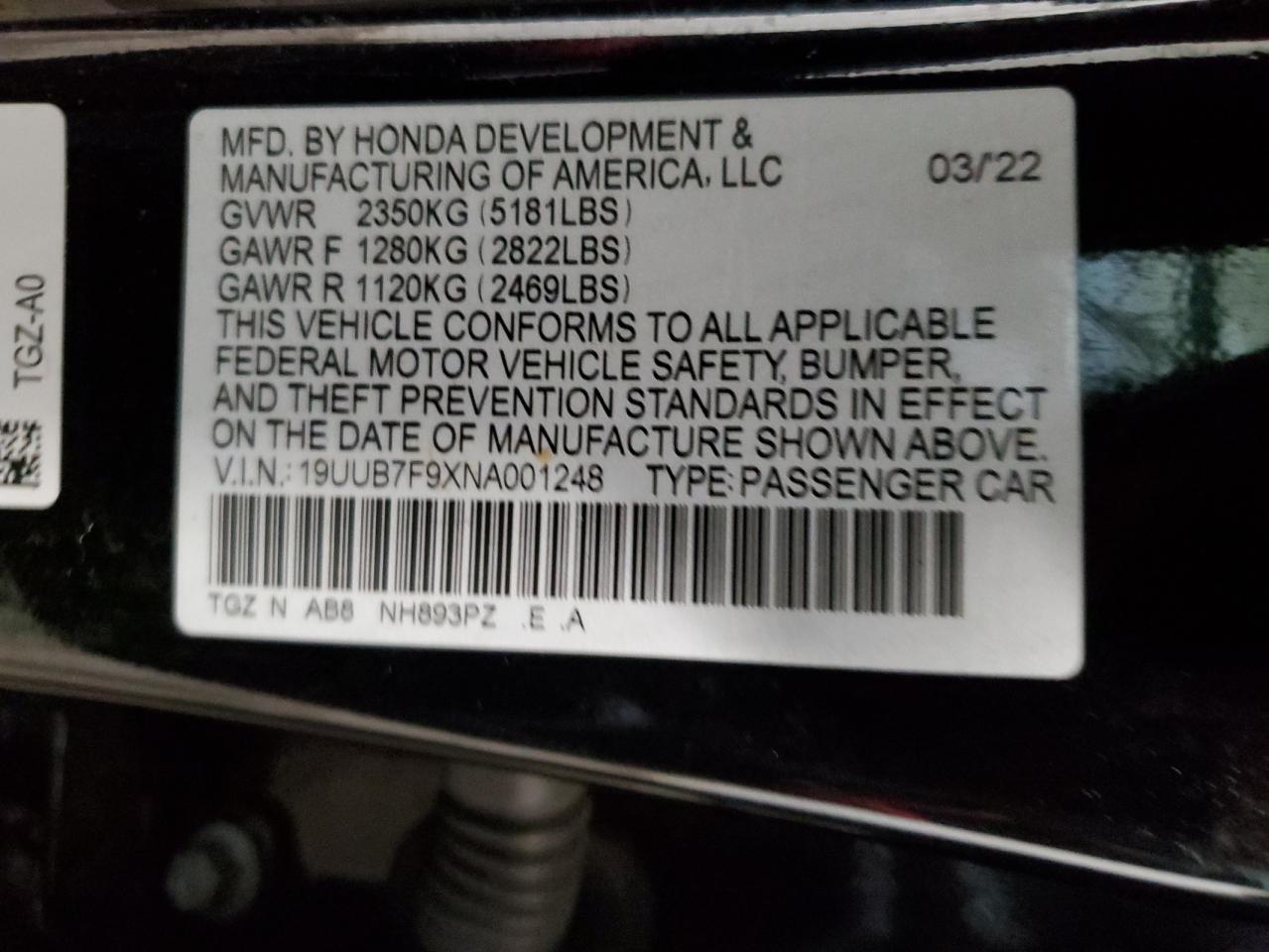 2022 ACURA TLX TYPE S VIN:19UUB7F9XNA001248