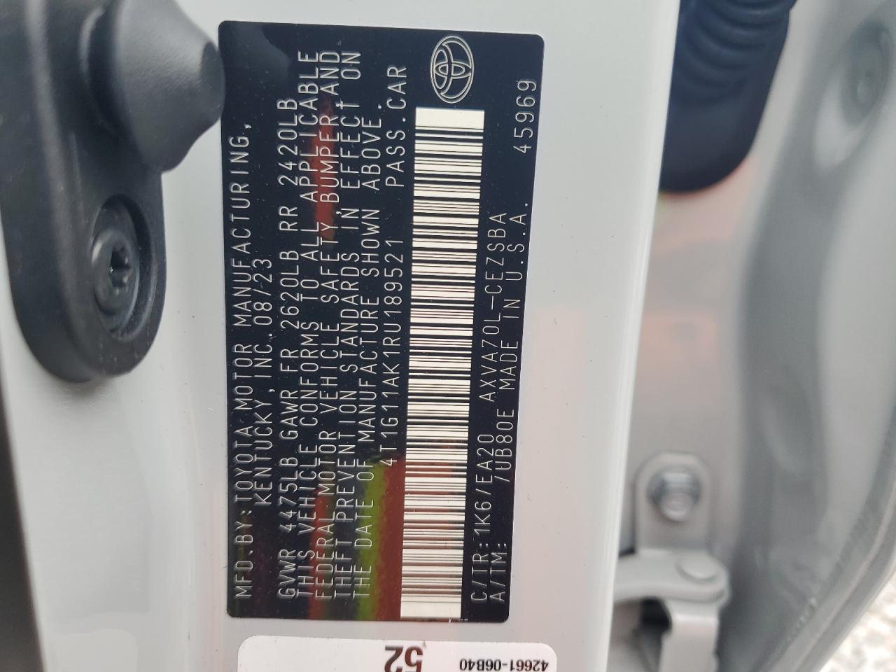 2024 TOYOTA CAMRY SE NIGHT SHADE VIN:4T1G11AK1RU189521