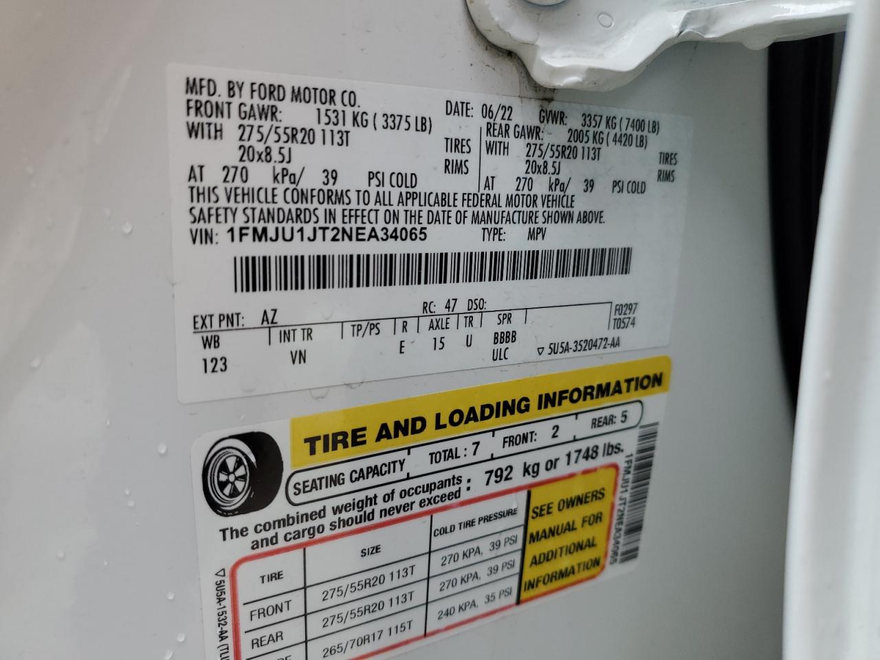 2022 FORD EXPEDITION XLT VIN:1FMJU1JT2NEA34065