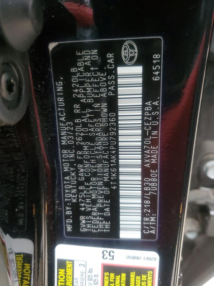 2023 TOYOTA CAMRY XSE VIN:4T1K61AK4PU792360
