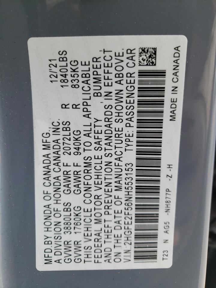 2022 HONDA CIVIC SPORT VIN:2HGFE2F56NH553153
