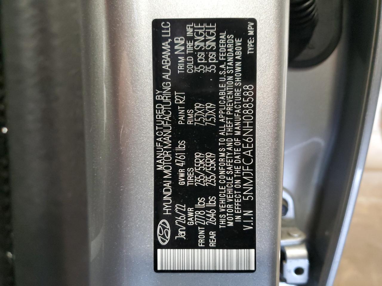 2022 HYUNDAI TUCSON SEL VIN:5NMJFCAE6NH088588