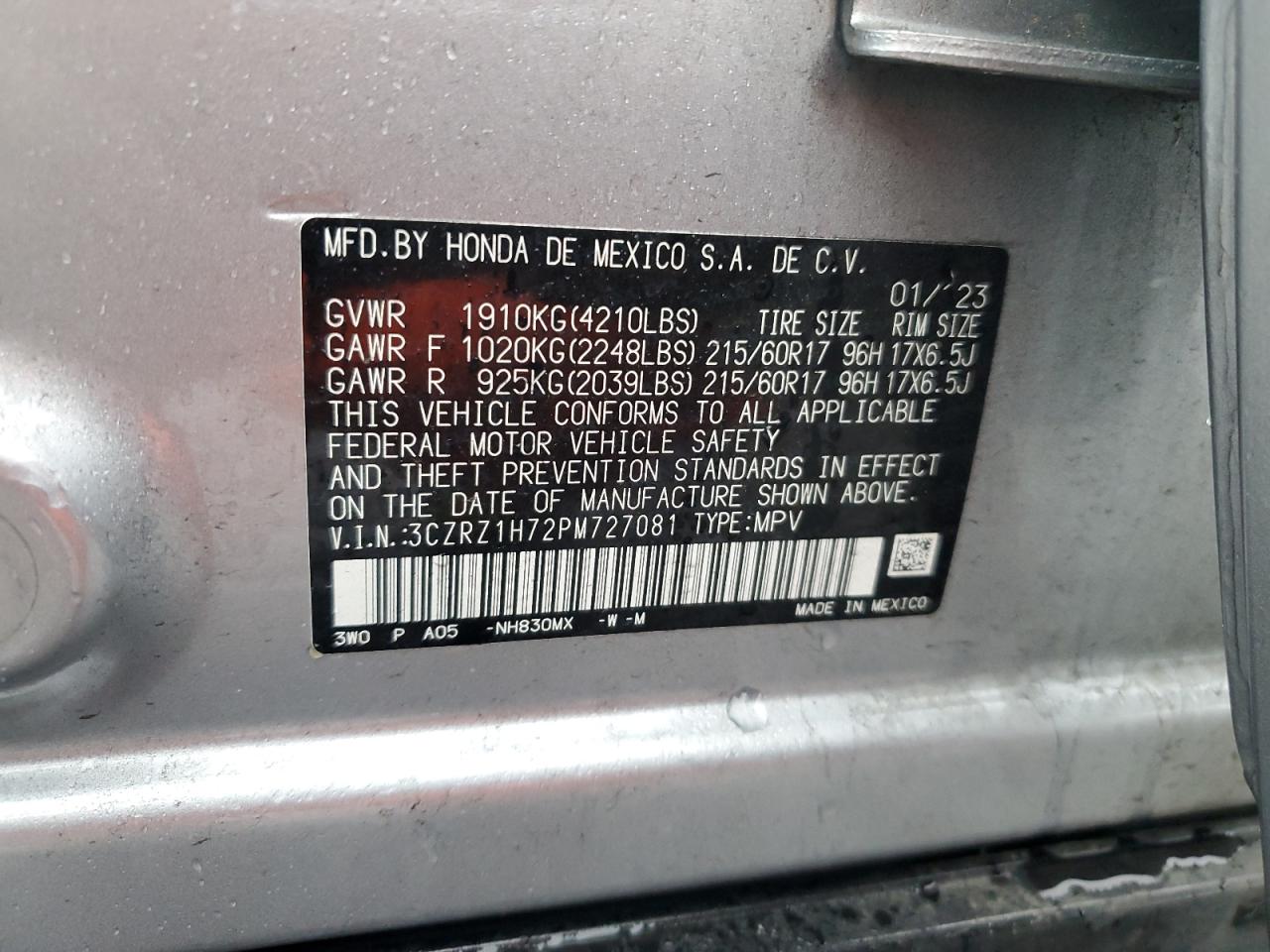 2023 HONDA HR-V EXL VIN:3CZRZ1H72PM727081