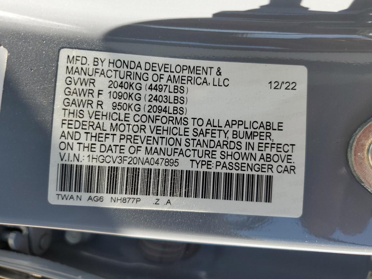 2022 HONDA ACCORD HYBRID SPORT VIN:1HGCV3F20NA047895