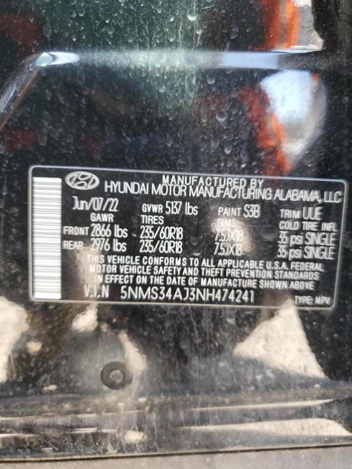 2022 HYUNDAI SANTA FE SEL VIN:5NMS34AJ3NH474241