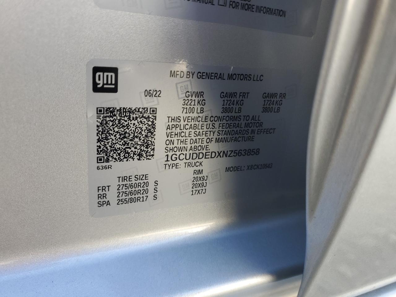 2022 CHEVROLET SILVERADO K1500 LT VIN:1GCUDDEDXNZ563858