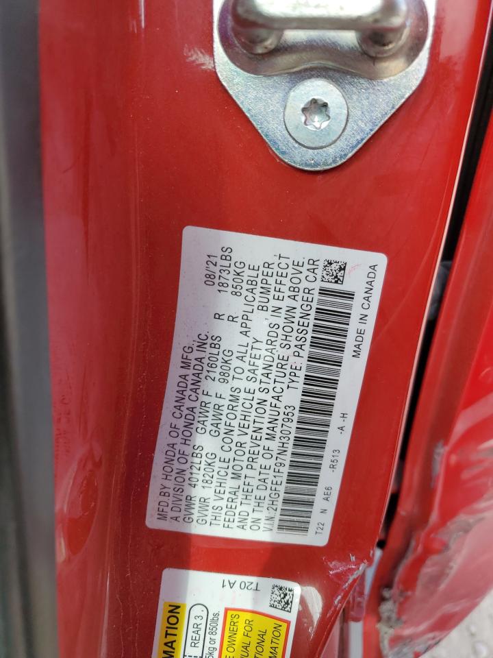 2022 HONDA CIVIC TOURING VIN:2HGFE1F97NH307953