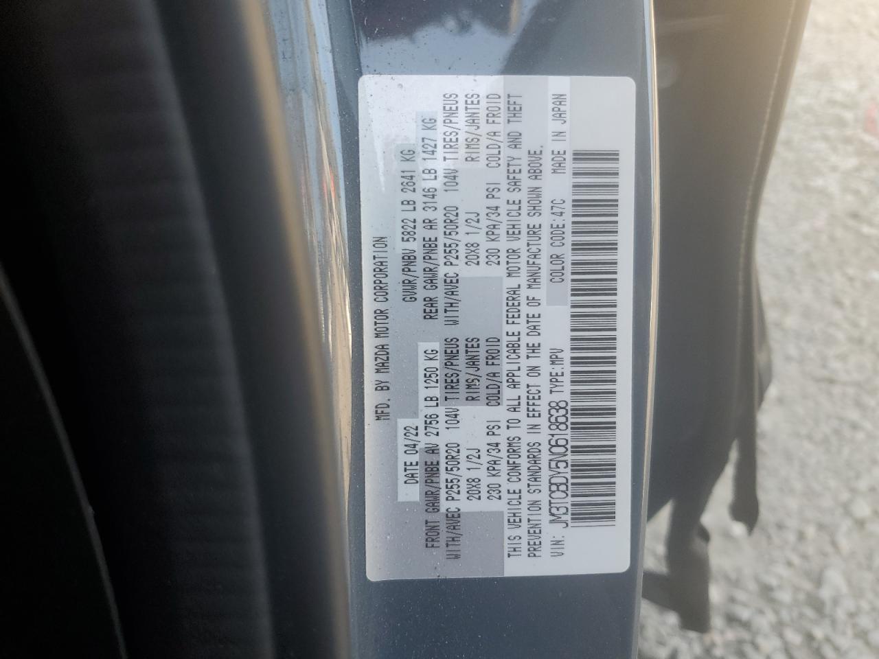 2022 MAZDA CX-9 GRAND TOURING VIN:JM3TCBDY5N0618638