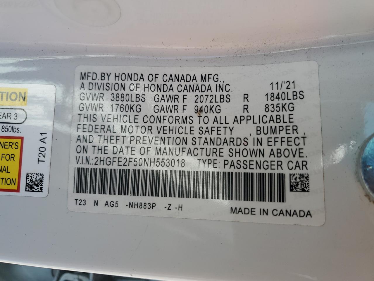 2022 HONDA CIVIC SPORT VIN:2HGFE2F50NH553018