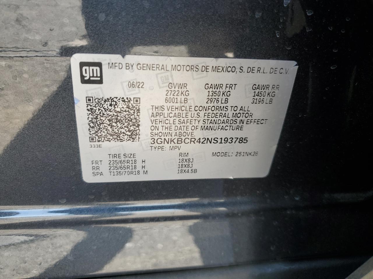 2022 CHEVROLET BLAZER 2LT VIN:3GNKBCR42NS193785