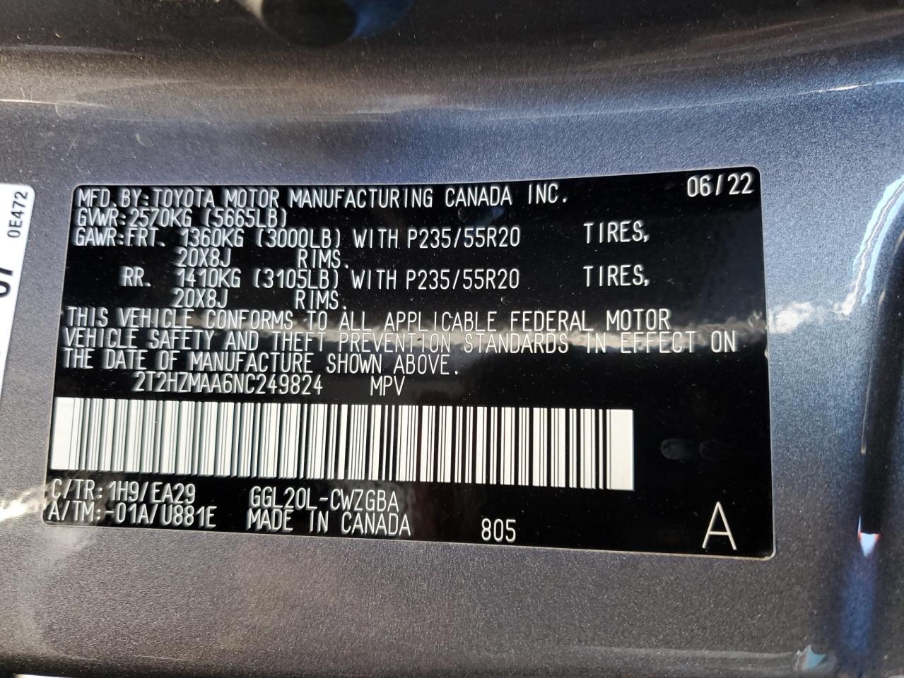 2022 LEXUS RX 350 VIN:2T2HZMAA6NC249824