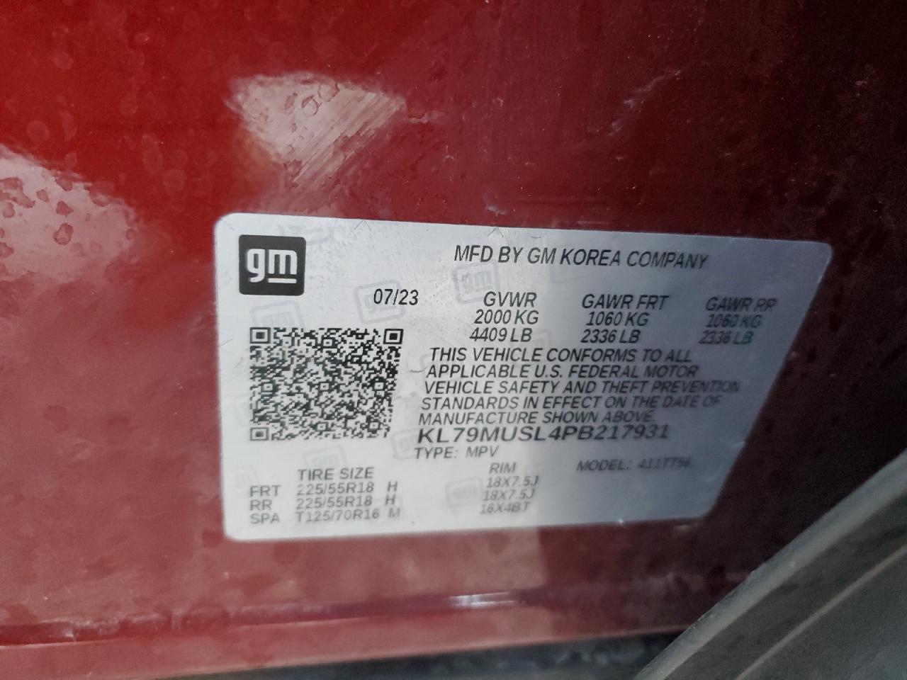 2023 CHEVROLET TRAILBLAZER RS VIN:KL79MUSL4PB217931