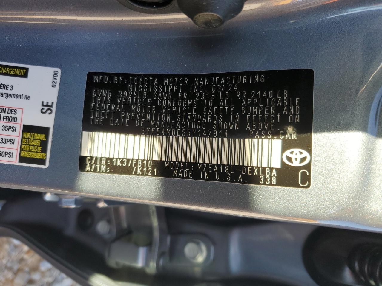 2024 TOYOTA COROLLA LE VIN:5YFB4MDE5RP147914