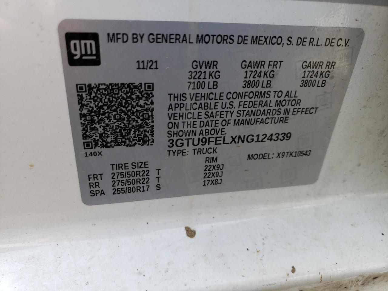 2022 GMC SIERRA LIMITED K1500 DENALI VIN:3GTU9FELXNG124339