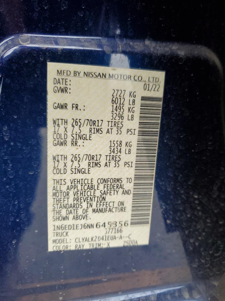 2022 NISSAN FRONTIER S VIN:1N6ED1EJ6NN645356