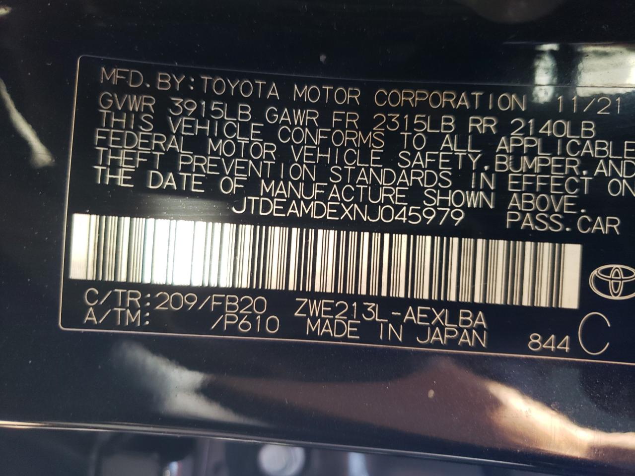 2022 TOYOTA COROLLA LE VIN:JTDEAMDEXNJ045979