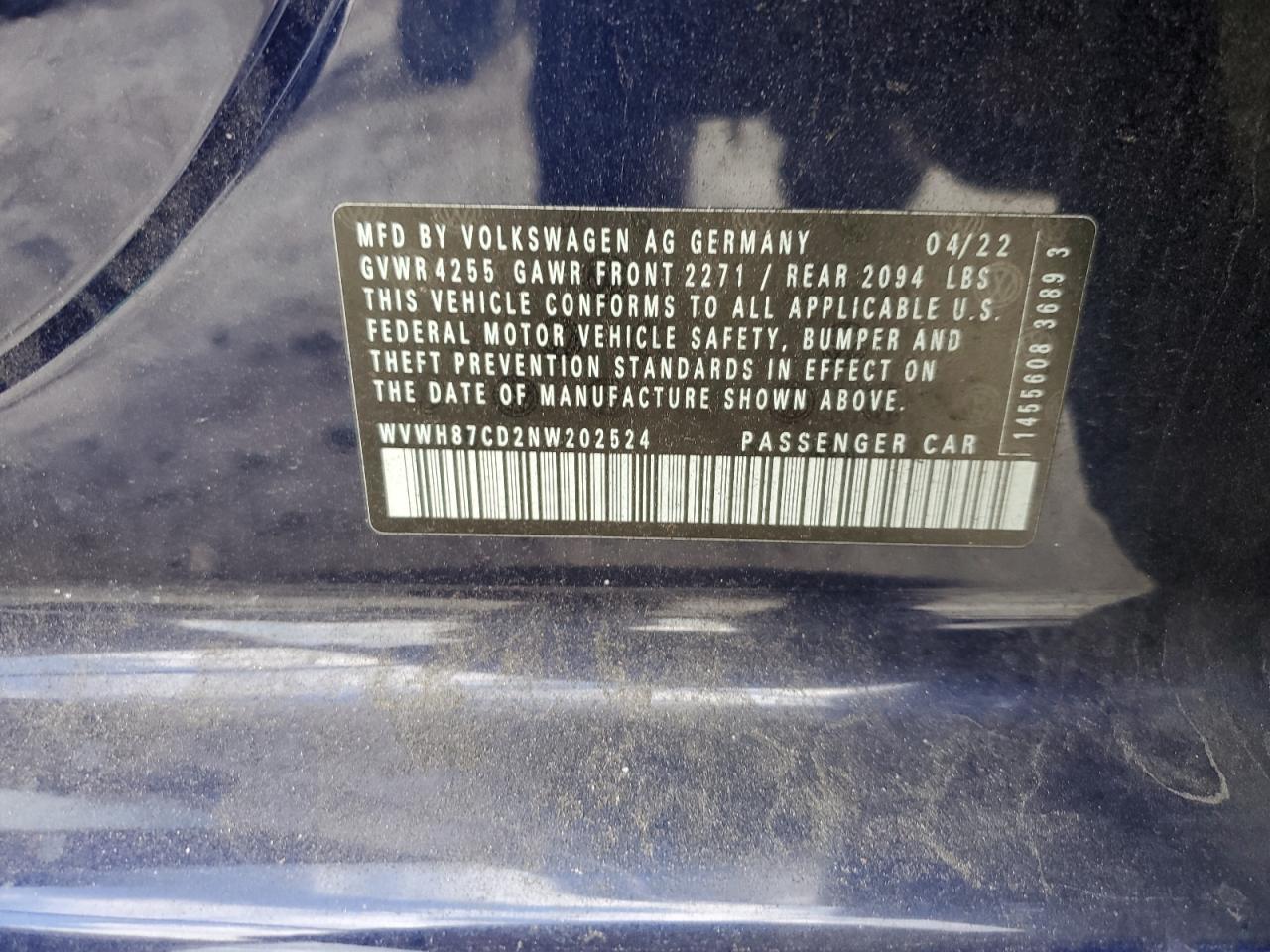2022 VOLKSWAGEN GTI S VIN:WVWH87CD2NW202524