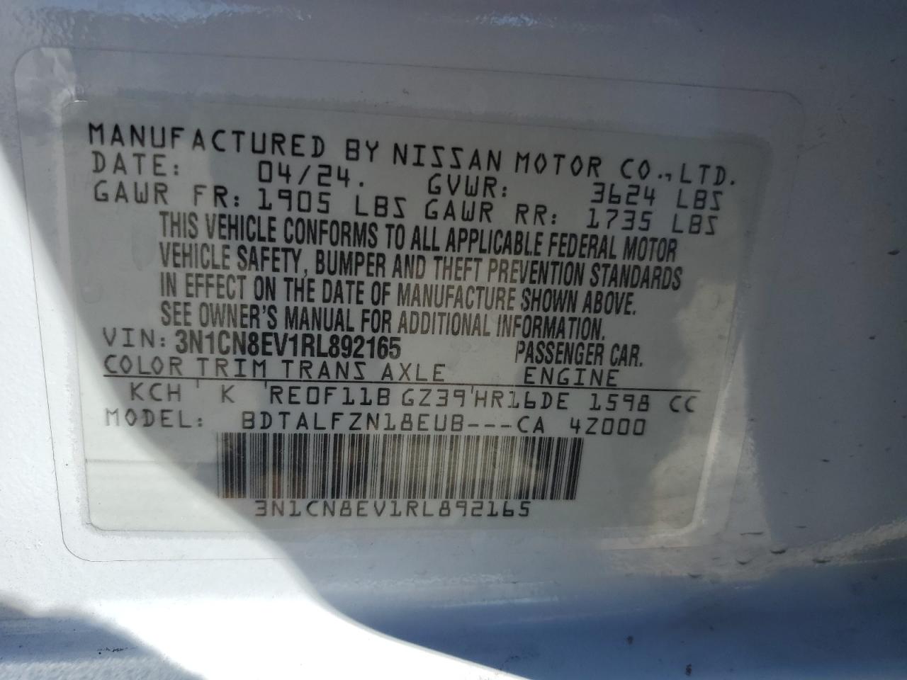 2024 NISSAN VERSA SV VIN:3N1CN8EV1RL892165
