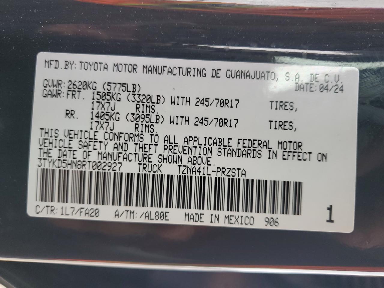 2024 TOYOTA TACOMA DOUBLE CAB VIN:3TYKD5HN8RT002927