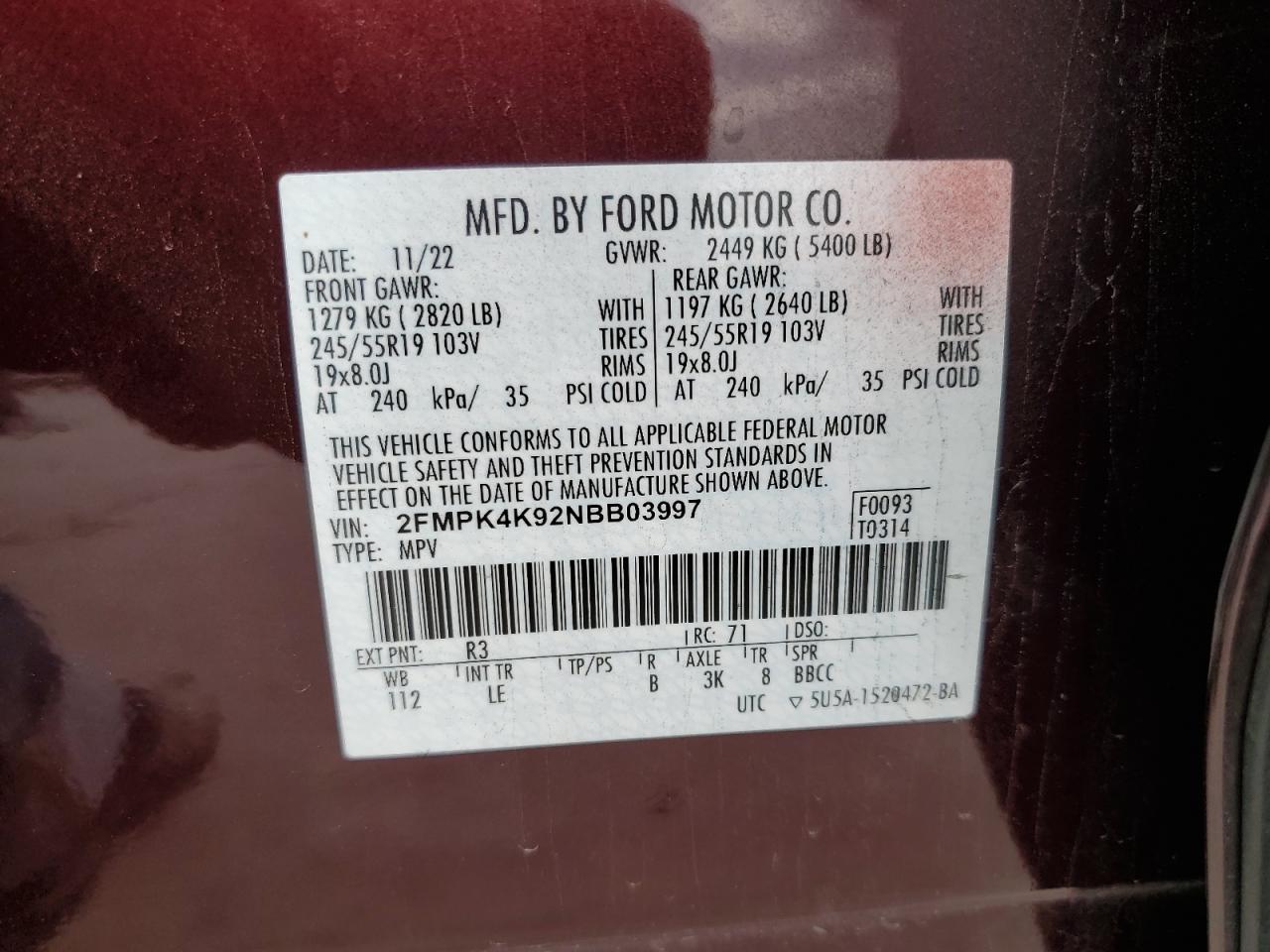 2022 FORD EDGE TITANIUM VIN:2FMPK4K92NBB03997